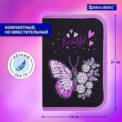 Пенал BRAUBERG с наполнением, 1 отделение, 1 откидная планка, 24 предмета, 21х14 см, "Flower butterfly", 271524