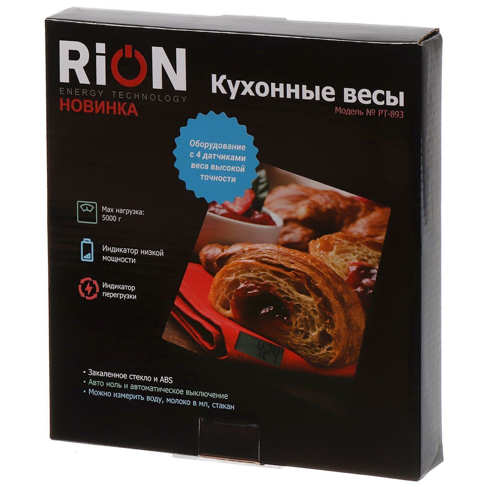 Весы кухонные электронные, стекло, Rion, Выпечка, до 5 кг, LCD-дисплей, PT-893