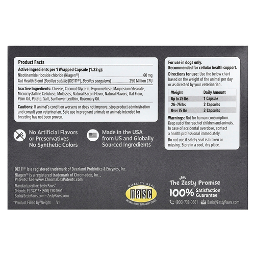 Zesty Paws, Healthy Aging, NAD + прекурсор, для собак, 60 капсул и упаковка для таблеток, 252 г (8,8 унции)