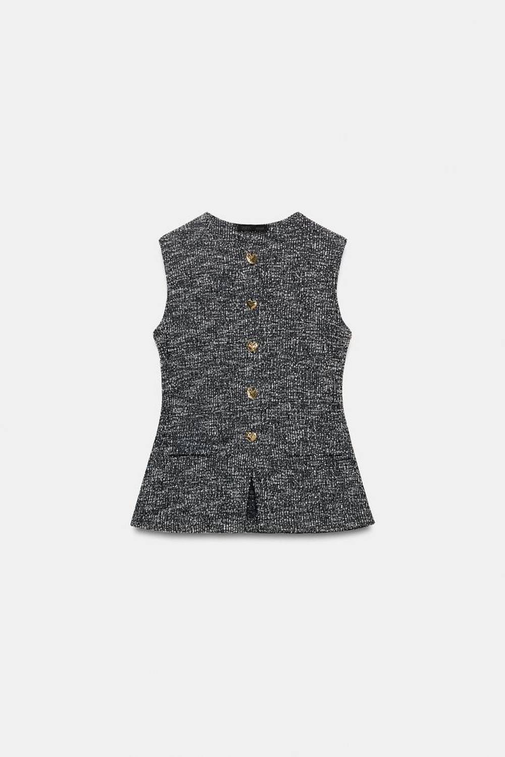 ZARA ТОП-ЖИЛЕТ ИЗ РЕЛЬЕФНОЙ ТКАНИ С ПУГОВИЦАМИ, ЧЕРНЫЙ/БЕЛЫЙ