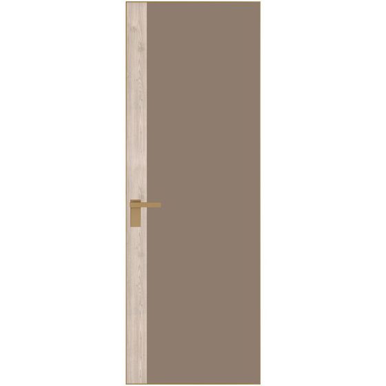 Алюминиевая дверь 6AGК кромка золото стекло монохром капучино вставка дуб сонома