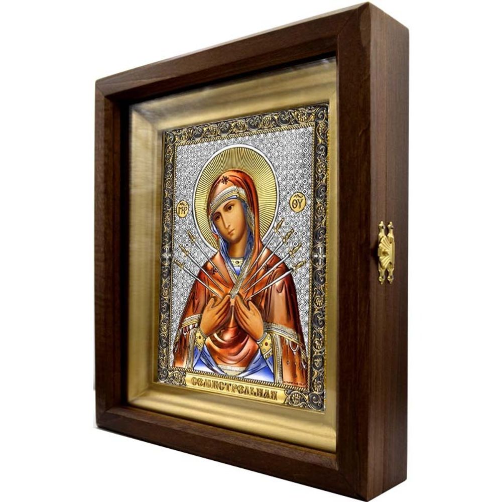 Икона Семистрельной Божией Матери в серебряном окладе в киоте