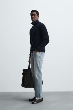 ZARA ДЖЕМПЕР ВЯЗАНЫЙ ЖЕМЧУЖНЫМ УЗОРОМ С ВОРОТНИКОМ НА МОЛНИИ, МОРСКОЙ СИНИЙ