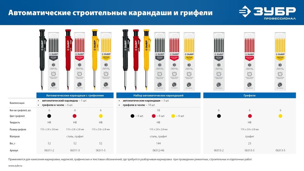 ЗУБР АСК набор: 18 сменных грифелей: 6ч + 6ж + 6к ( d 2,8 мм, HB), 3 автоматических карандаша (06312-H6)