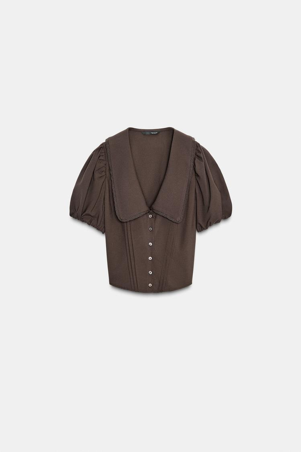 ZARA ТОП С БОЛЬШИМ ОТЛОЖНЫМ ВОРОТНИКОМ И ОБЪЕМНЫМИ РУКАВАМИ, КОРИЧНЕВЫЙ