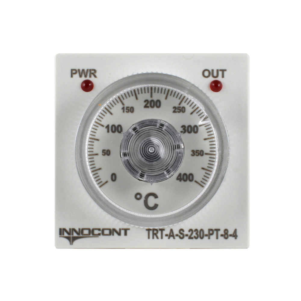 Температурный контроллер INNOCONT с аналоговым управлением, 48х48х82 мм,вход Pt100, 0...400C, выход реле, ON/OFF, 230VAC, электросоединение под розетку 8pin
