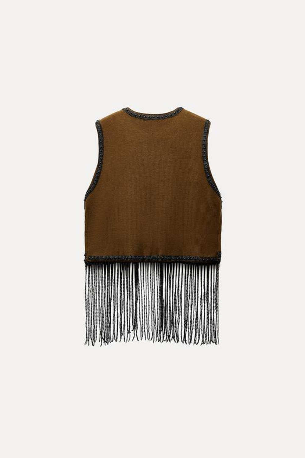 ZARA ТРИКОТАЖНЫЙ ЖИЛЕТ С БИСЕРОМ, КОРИЧНЕВЫЙ