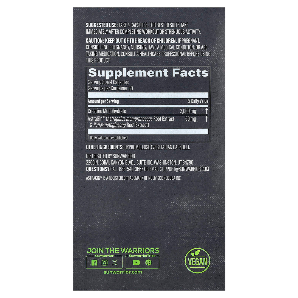 Sunwarrior, Creatine 3000 и Astragin® для приема после тренировки, 120 веганских капсул