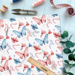 Ткань кулирная гладь голубые и розовые бабочки на белом фоне