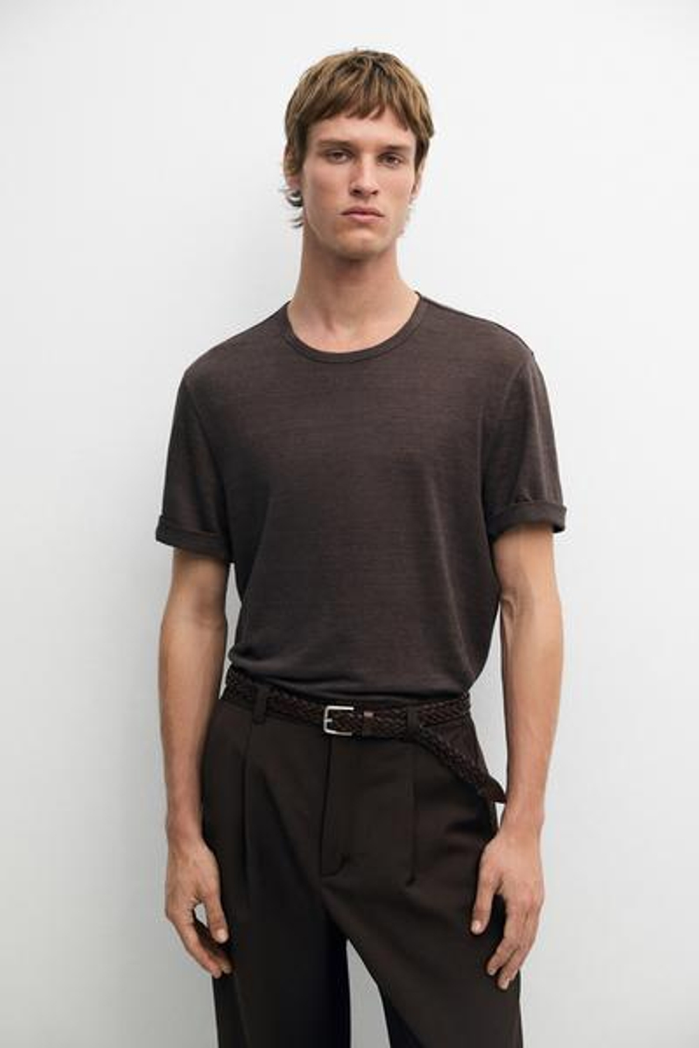 Massimo Dutti Футболка с коротким рукавом из 100% льна, коричневый