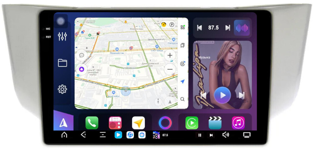 Магнитола для Toyota Harrier XU30 2003-2013, Lexus RX 2003-2009 (монохром, рамка вниз) - FarCar XXL3221M монитор 9.5" 2K QLED на Android 14, TS20, 8+256Гб, CarPlay, 4G SIM-слот