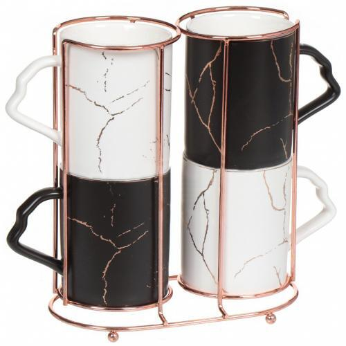 Набор кружек 340мл 4шт Белый и черный мрамор микс мет/подст под/уп