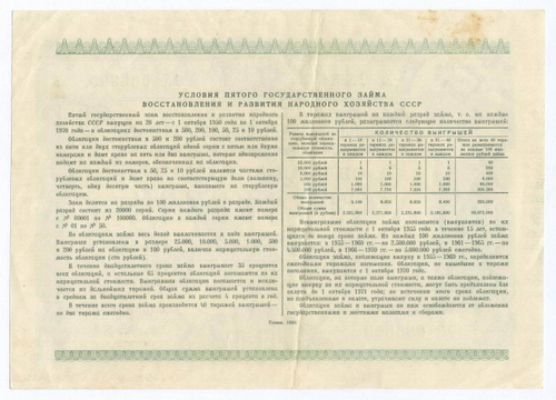 Облигация 100 рублей 1950 год. 5-ый заем восстановления и развития народного хозяйства. Серия № 086809. VF