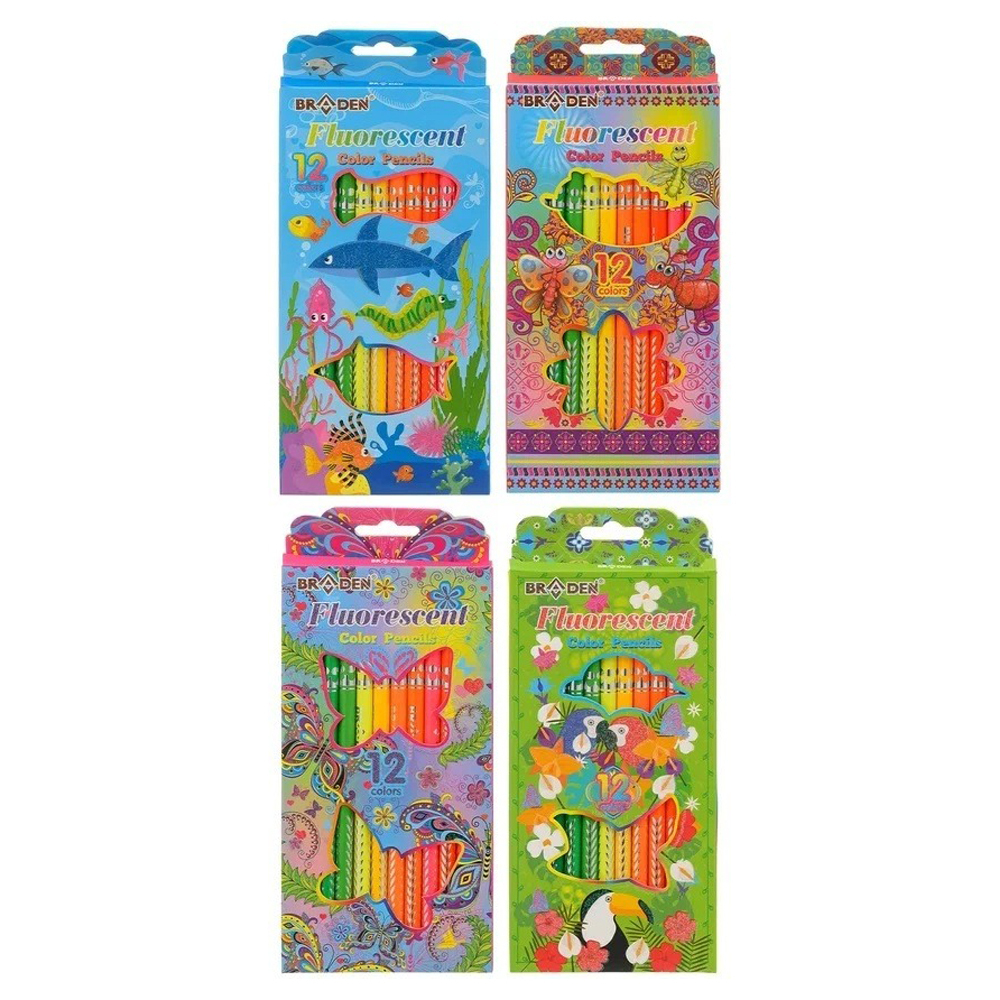 Карандаши цветные, Basir, деревянные, разноцветный корпус с серебристыми узорами, цветная упаковка, 12 шт