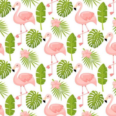 Красивый вектор цветочный летний узор фона с тропическими пальмовыми листьями гибискуса, фламинго.