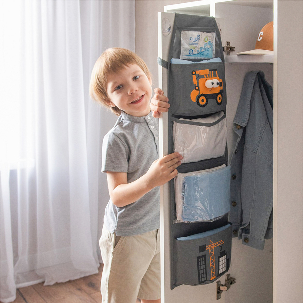 Кармашки для детского сада, на липучке. Экскаватор с глазками-помпонами