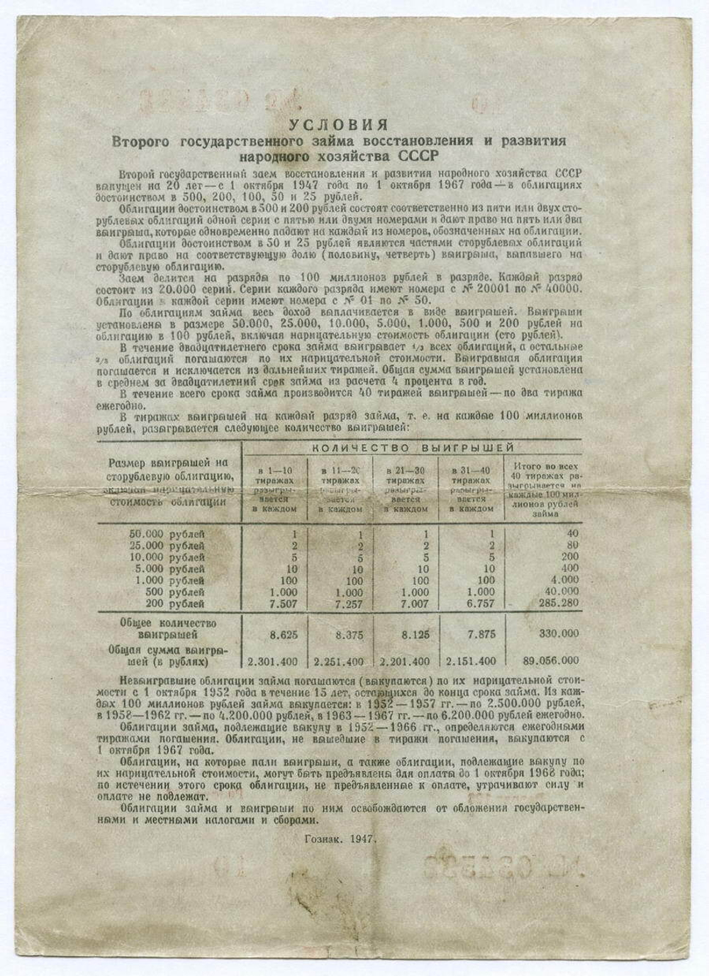 Облигация 100 рублей 1947 год. 2-ой заем восстановления и развития народного хозяйства. Серия № 034532. F