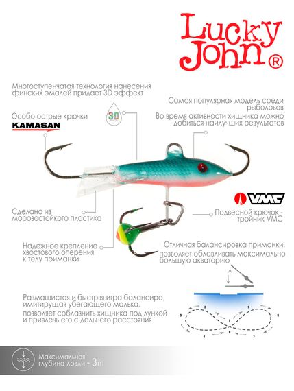 Балансир Lucky John CLASSIC 3 с тр. 30мм/54 блистер