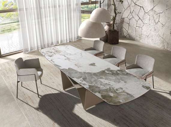 Овальный раздвижной обеденный стол 1154 из керамики в отделке под мрамор