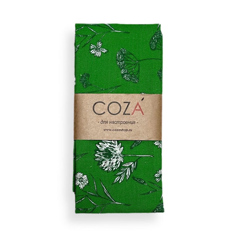 Полотенце COZA с принтом "Зонтики», зеленый фон, полулён, размер 40х70 см