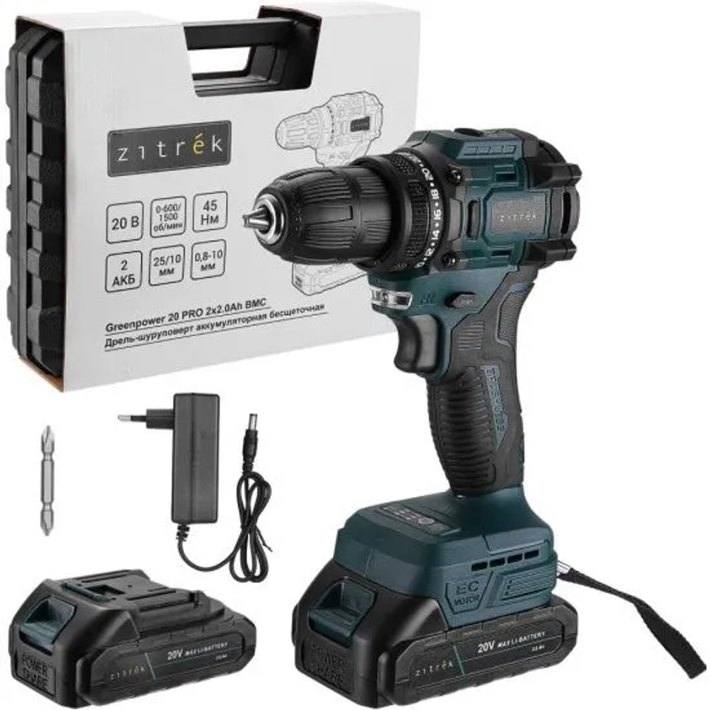 Дрель-шуруповерт Zitrek Greenpower 20 PRO (2х2.0Ач кейс) (085-1314), зеленый/черный