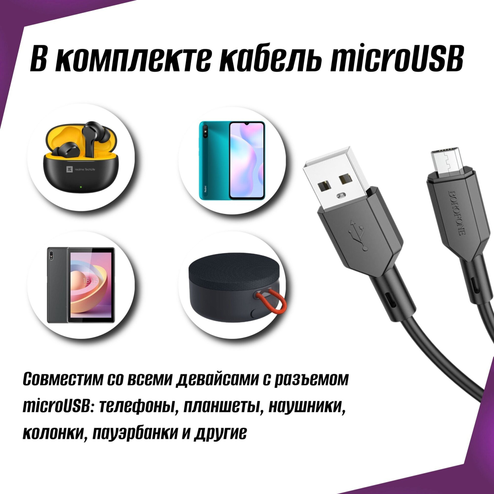 Сетевое зарядное устройство  1USB Borofone BA68A, Glacier, с кабелем микро USB, 5V/2.1A черное