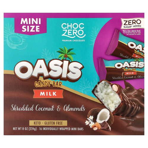 ChocZero, Oasis, шоколадный батончик, молоко, кокос и миндаль, 16 мини-батончиков в индивидуальной упаковке, 14 г (0,5 унции) каждый