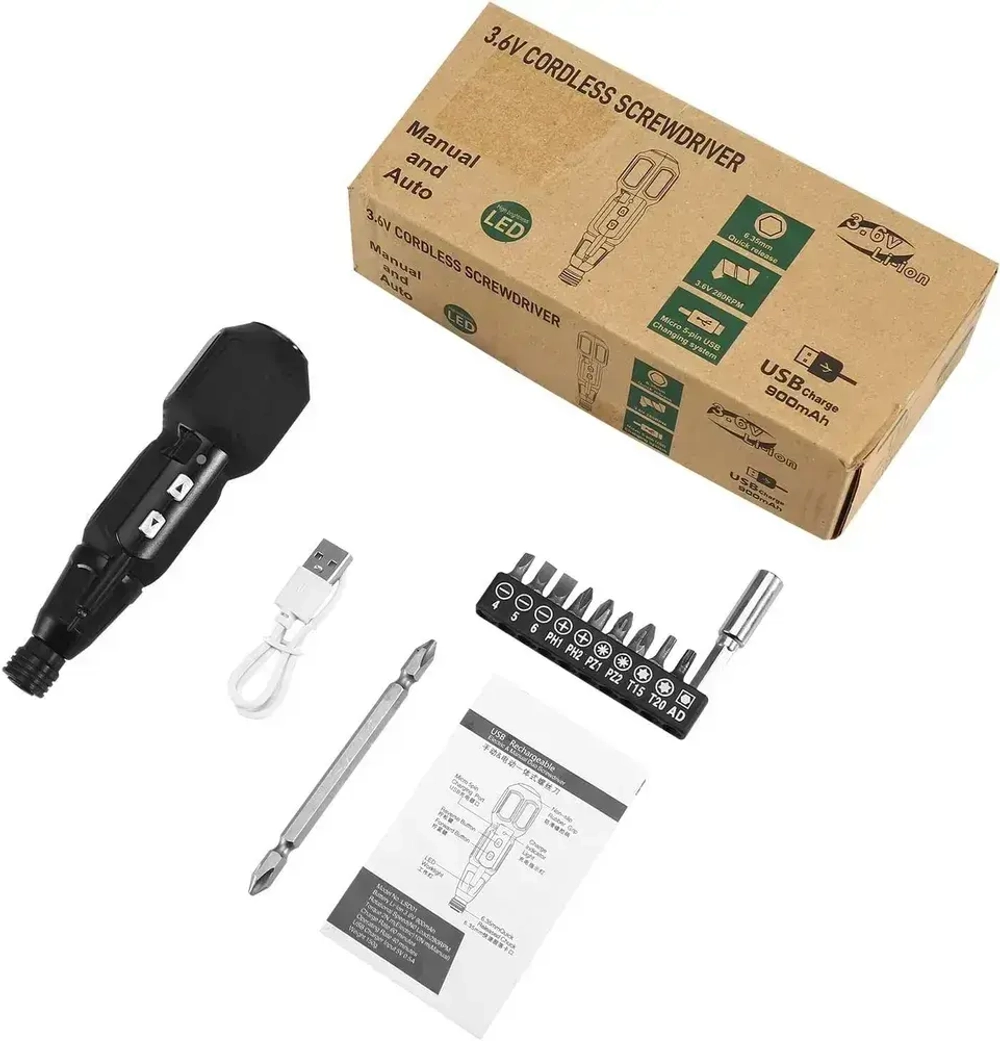 Отвертка аккумуляторная электрическая. Электроотвертка многофункциональная с набором бит. Мини - отвертка с USB и подсветкой. Черный