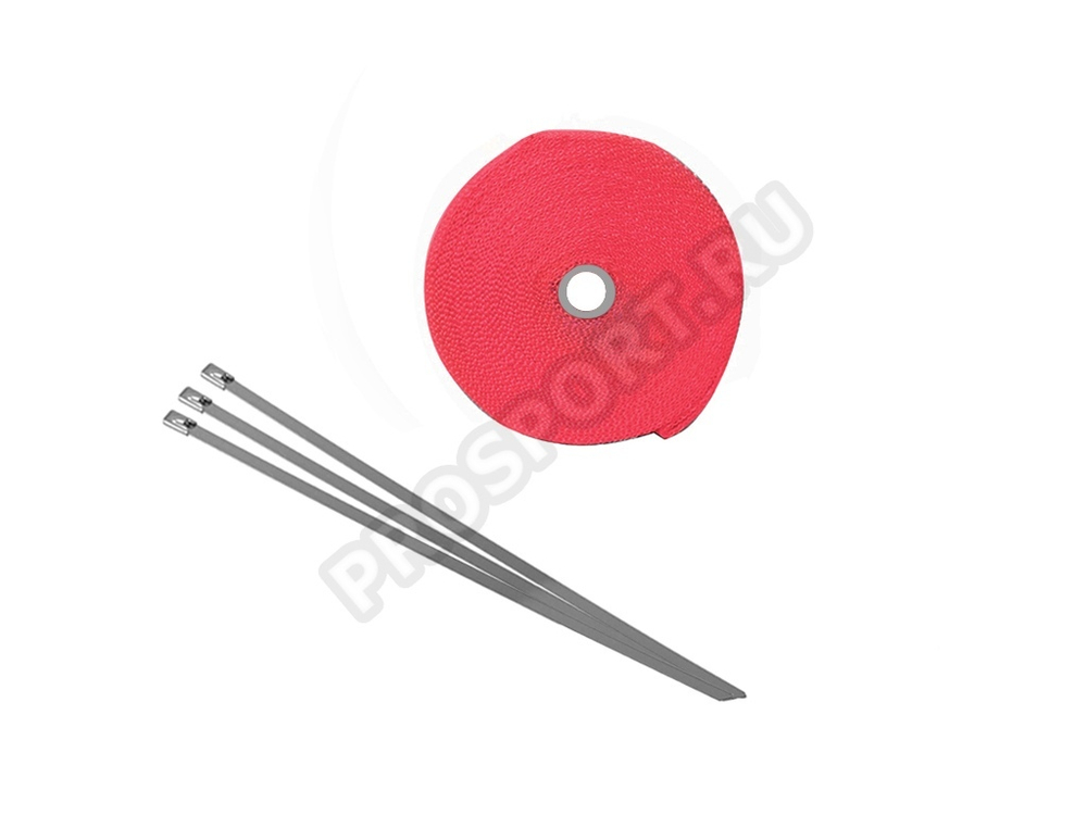 Термолента для глушителя красная 1mm*50mm*5m, с 3 хомутами, стекловолокно (в блистере)