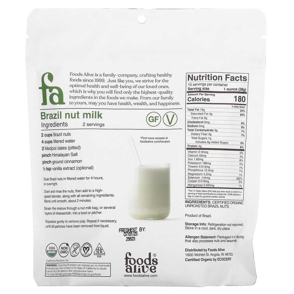 Foods Alive, органические бразильские орехи, цельные, 284 г (10 унций)