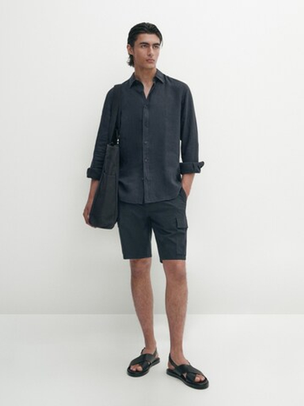 Massimo Dutti Шорты карго из смесового хлопкового поплина, темно-синий