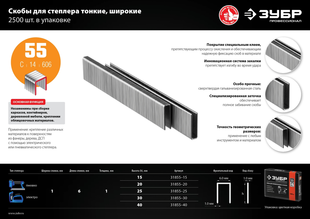 ЗУБР тип 18GA (55/90/C) 20 мм, 2500 шт, скобы для степлера, Профессионал (31855-20)