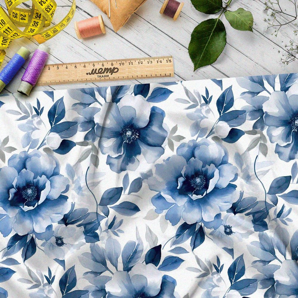 Ткань премиум Оксфорд 600D крупные голубые цветы