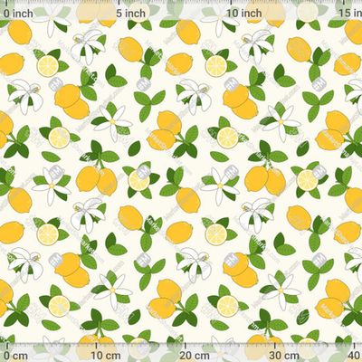 Лимоны с лимоновыми цветами и листьями, цитрусовый фруктовый узор by Mint and Berry 545 DPI