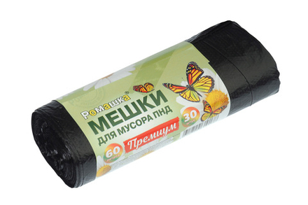Мешки для мусора Премиум 60л 30 шт/уп 7.3мкм 60смх80см черные вес рулона 165г вес мешка 5.5г ПНД дно плоское со швом без боковых фальцев Ромашка НМ60-3030-Э
