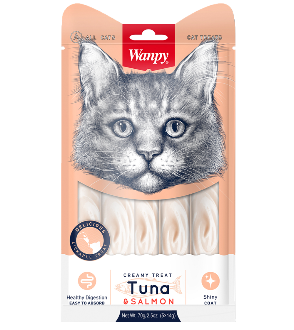 Wanpy Cat Лакомство для кошек «нежное пюре» из тунца и лосося 70гр.