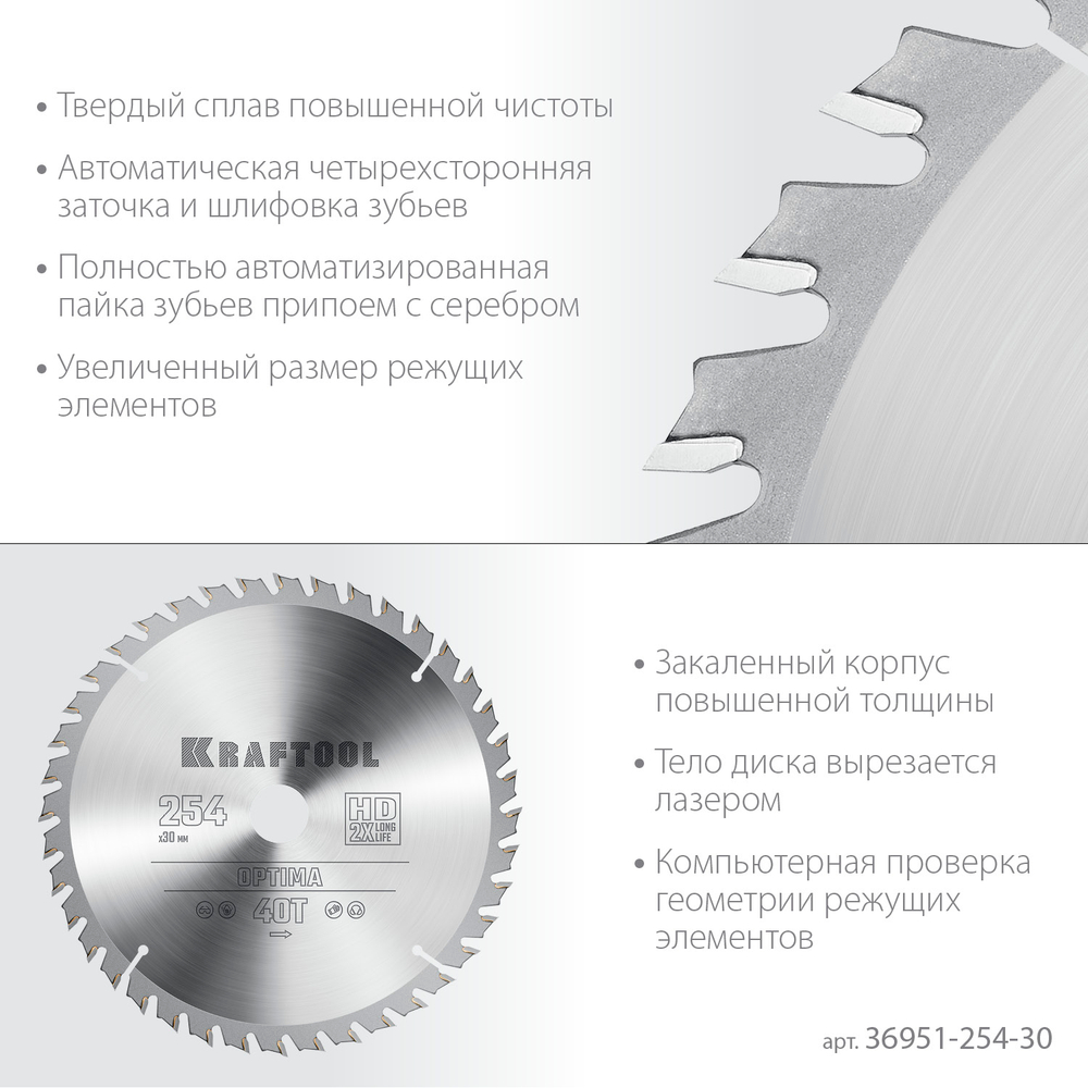KRAFTOOL Optima, 254 х 30 мм, 40Т, пильный диск по дереву (36951-254-30)