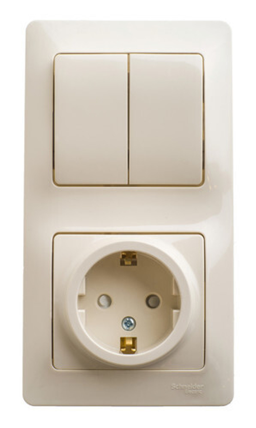 Schneider Electric Glossa Бежевый Блок: розетка с заземляющими контактами со шторками и 2-клавишный выключатель IP20 скрытая установка GSL000274