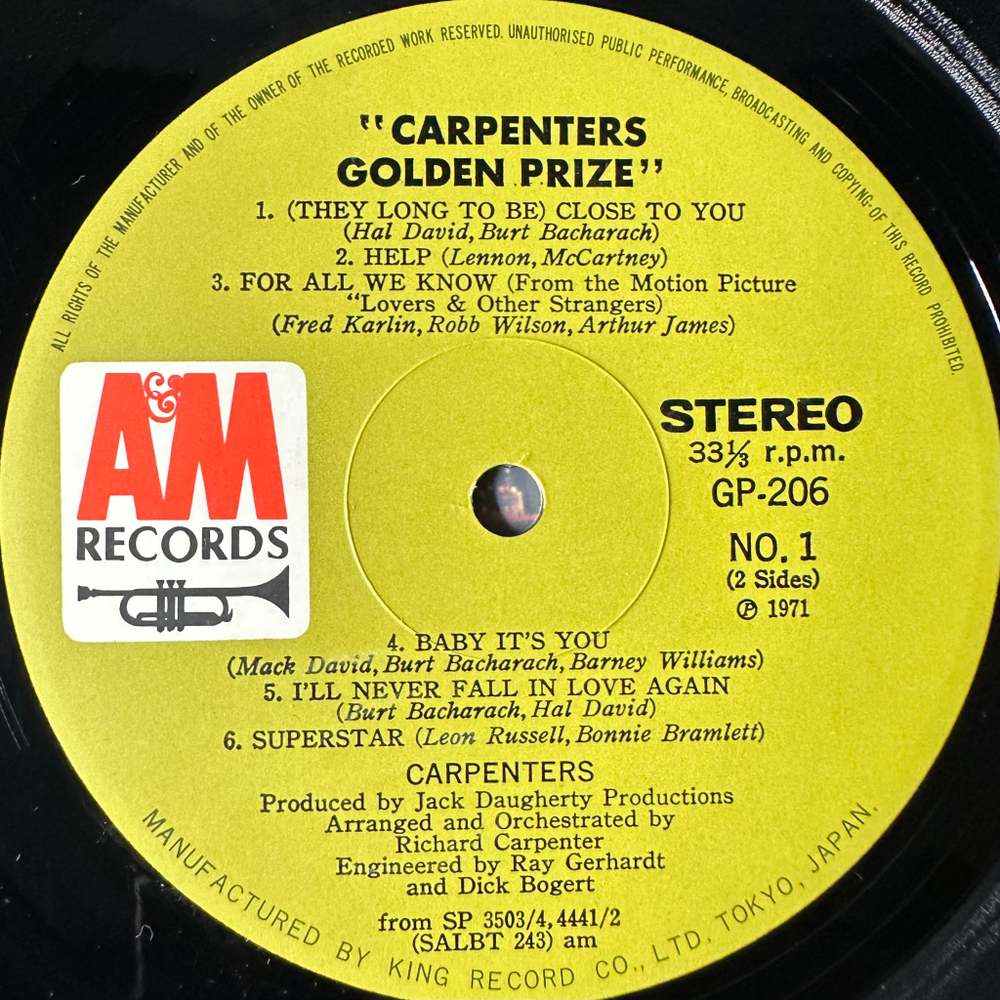 Carpenters ‎– Carpenters Golden Prize (Япония 1971г.)