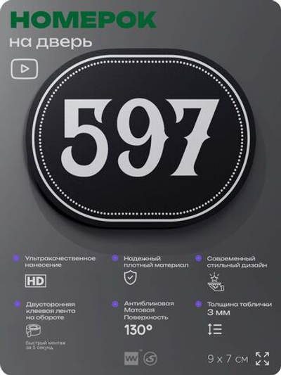 Номерок на дверь квартиры 597, для кабинета, офиса, шильдик 9 х 7 см, черный, Айдентика Технолоджи
