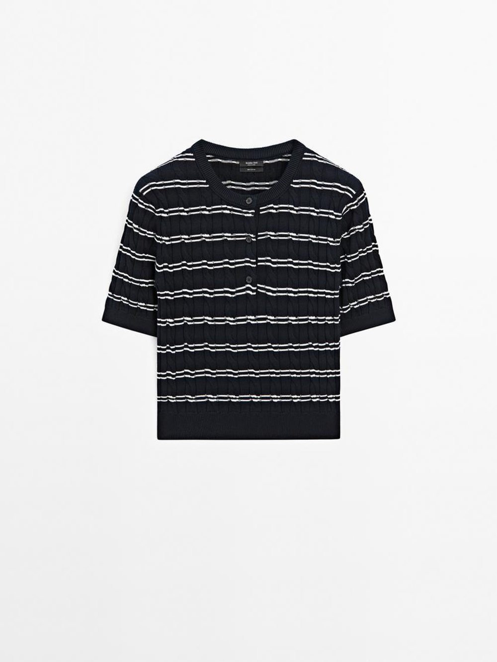 Massimo Dutti Хлопковый свитер с коротким рукавом, темно-синий