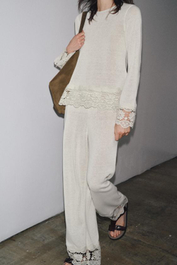 ZARA КОМБИНИРОВАННЫЕ БРЮКИ С ГИПЮРОМ, ЭКРЮ