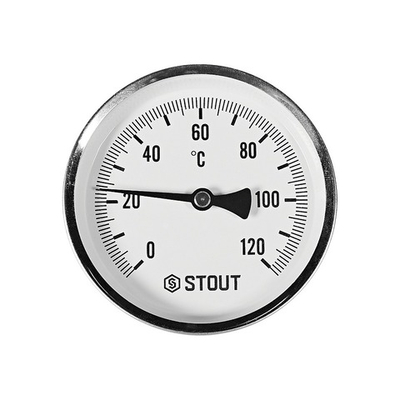 Термометр биметаллический аксиальный STOUT - 1/2" (D100мм, шкала 0-120°C, с гильзой 50 мм)