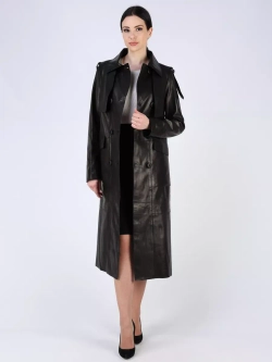 Кожаный тренч длинный с поясом плащ на осень