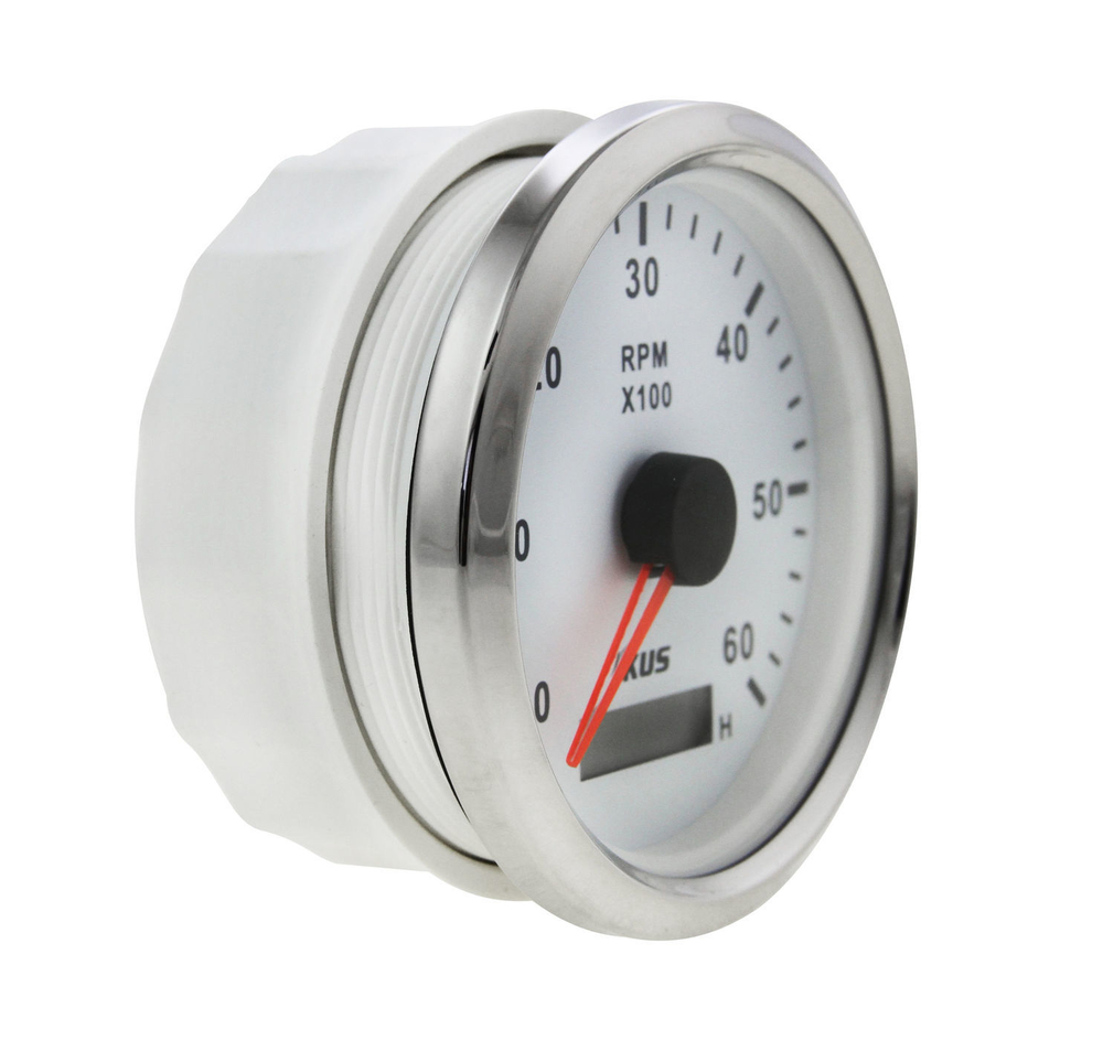 Тахометр 0-6000 об/мин, со счётчиком м/ч, белый с нержавеющим ободком