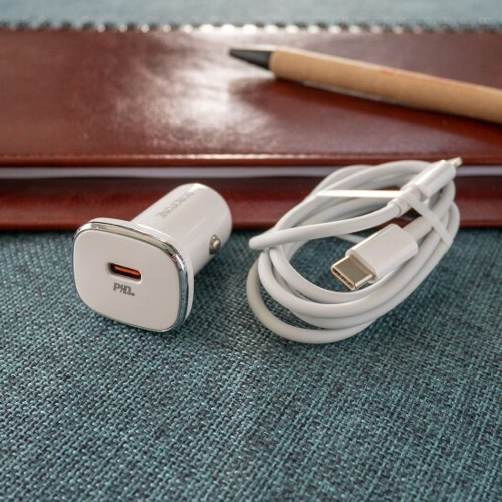 Автомобильный адаптер на USB белый, кабельType-C to Lightning, Borofone BZ12B, 3A, QC3.0, 012351