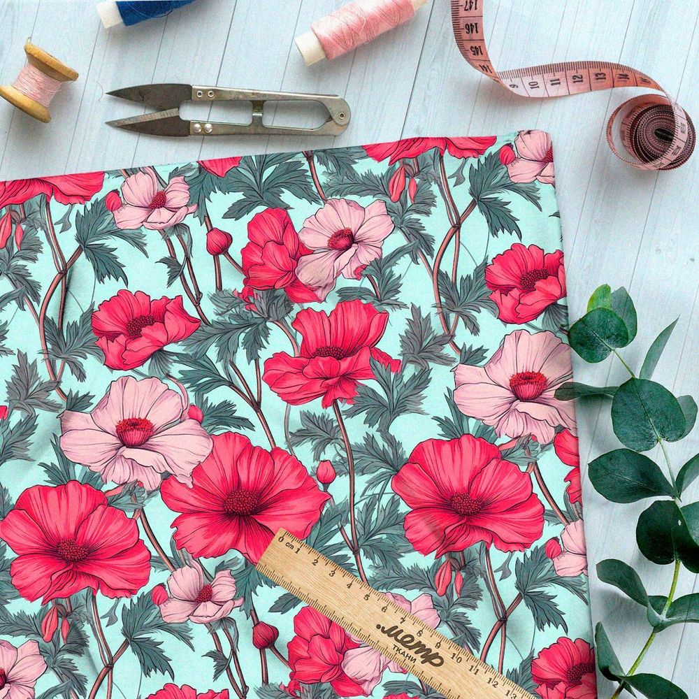 Ткань премиум бифлекс маки на голубом