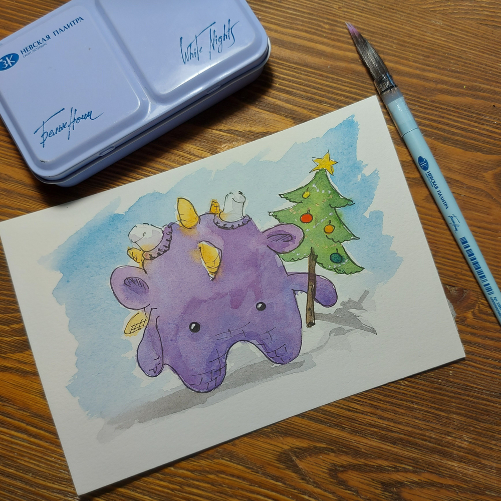 Картина акварельная авторская в паспарту 15х20 см на стену для интерьера "Дракоша"