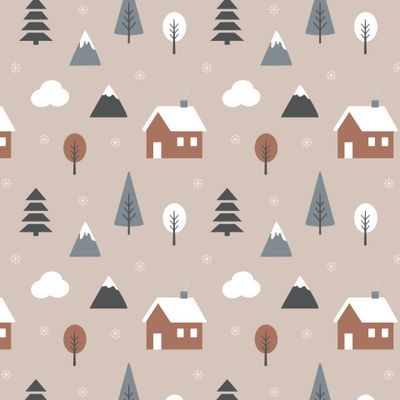 Скандинавские домики горы облака и ёлки на бежевом фоне