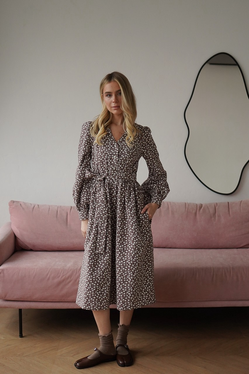 Платье Ева из фланели для беременных и кормящих мам, Мокко с цветами